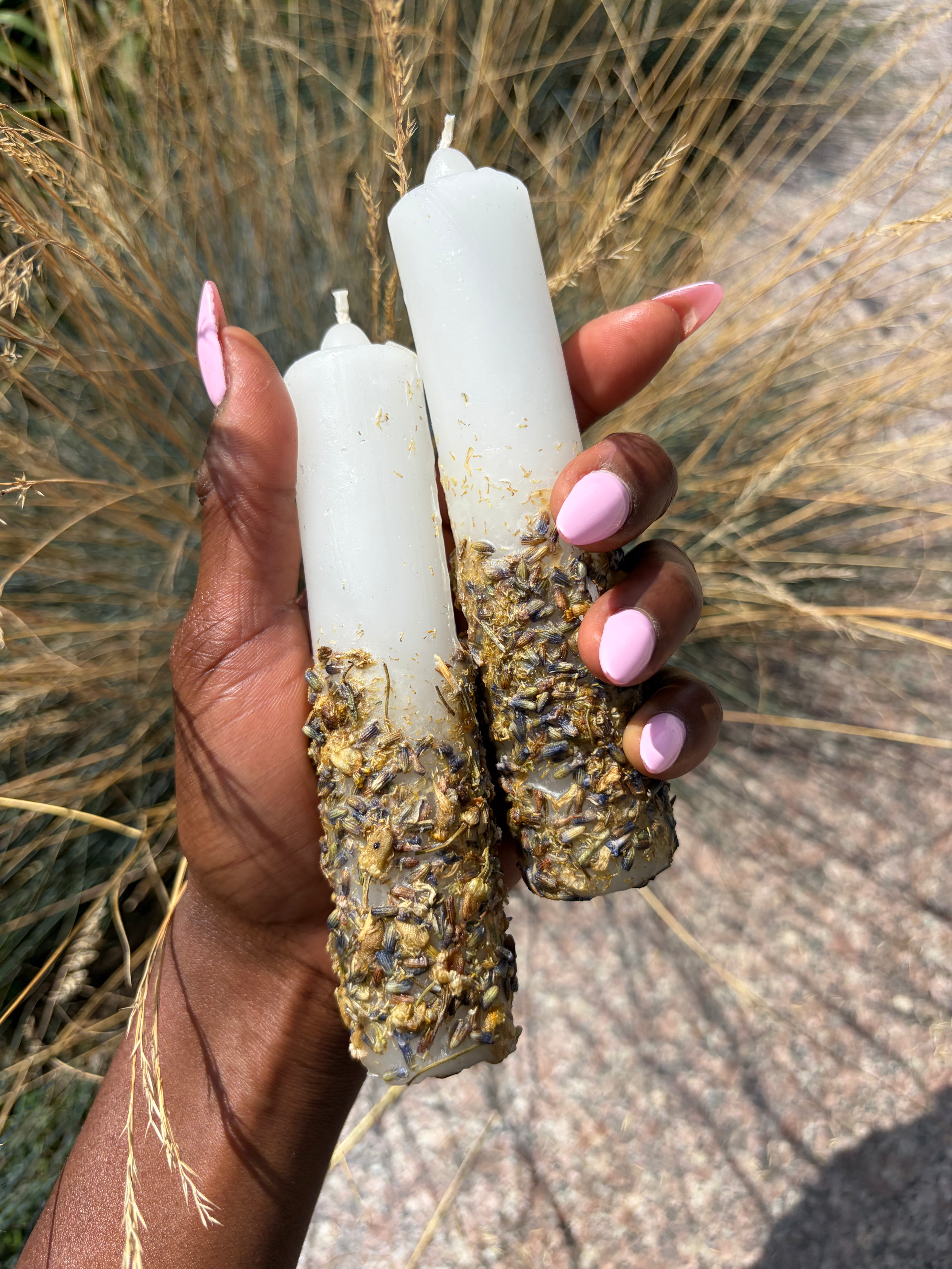 Hand-Dressed Renewal Spell Candles with Lavender and Chamomile