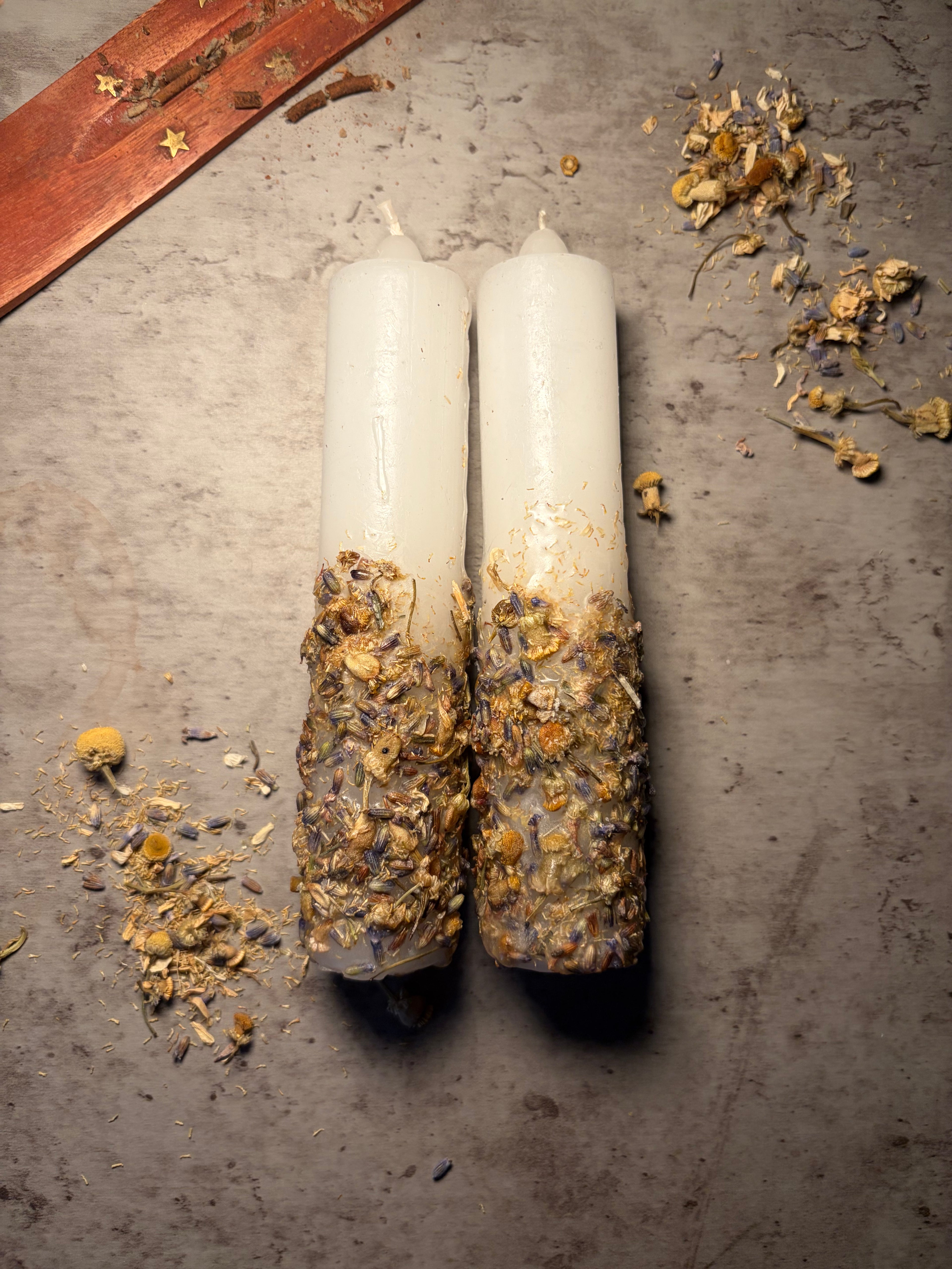 Hand-Dressed Renewal Spell Candles with Lavender and Chamomile